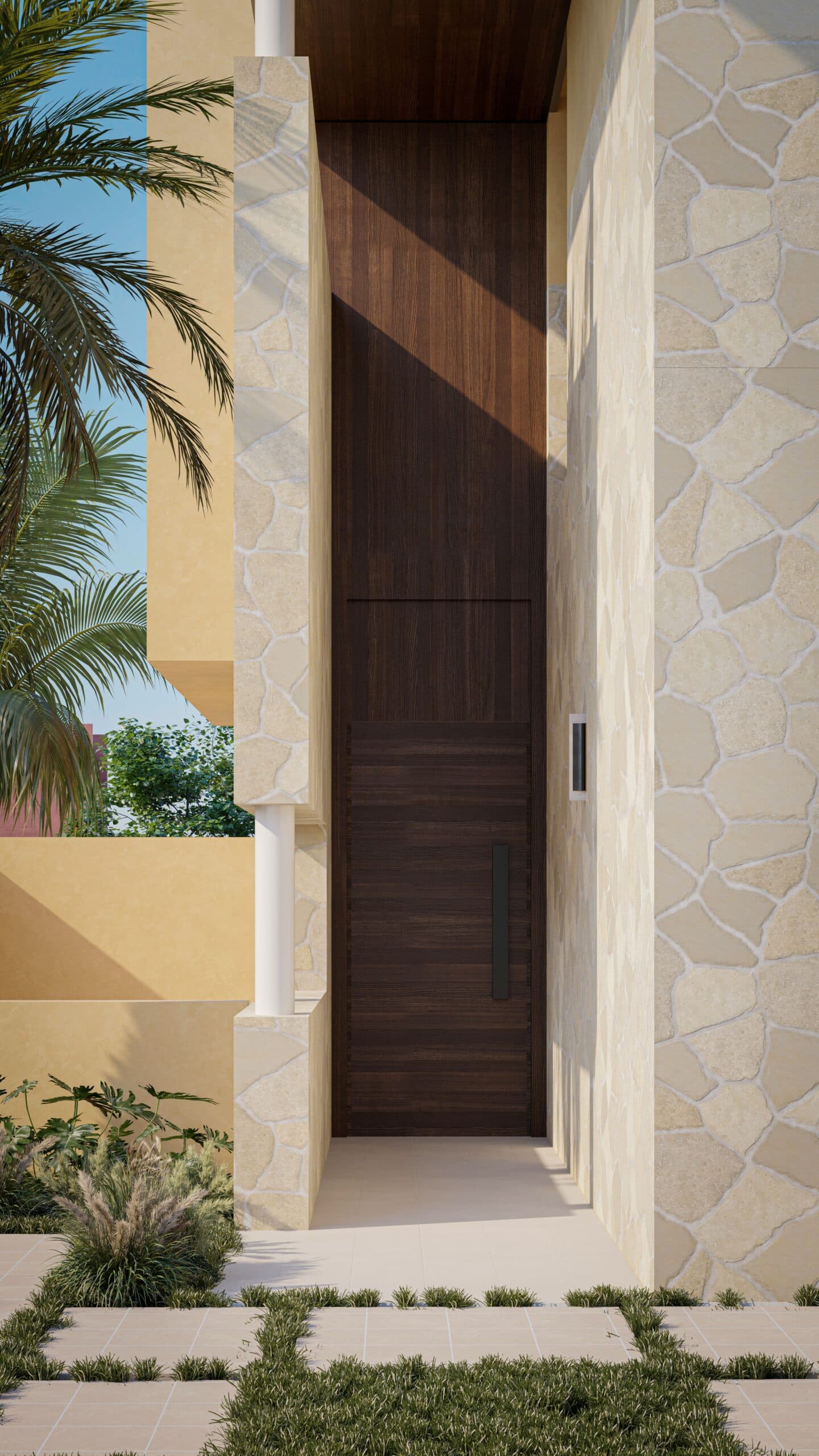 Entrée en pierre et bois d'une villa conçue par HBA Studio