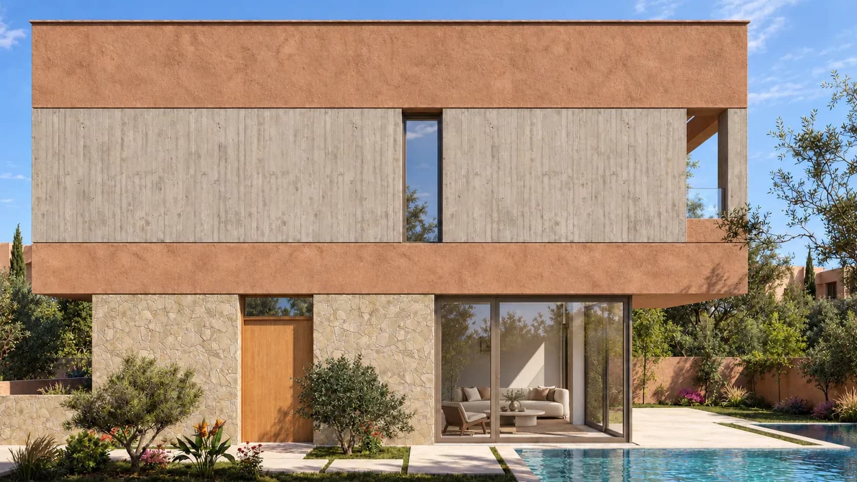 Villa A.A, perspective 3D de côté avec baie vitrée sur la piscine