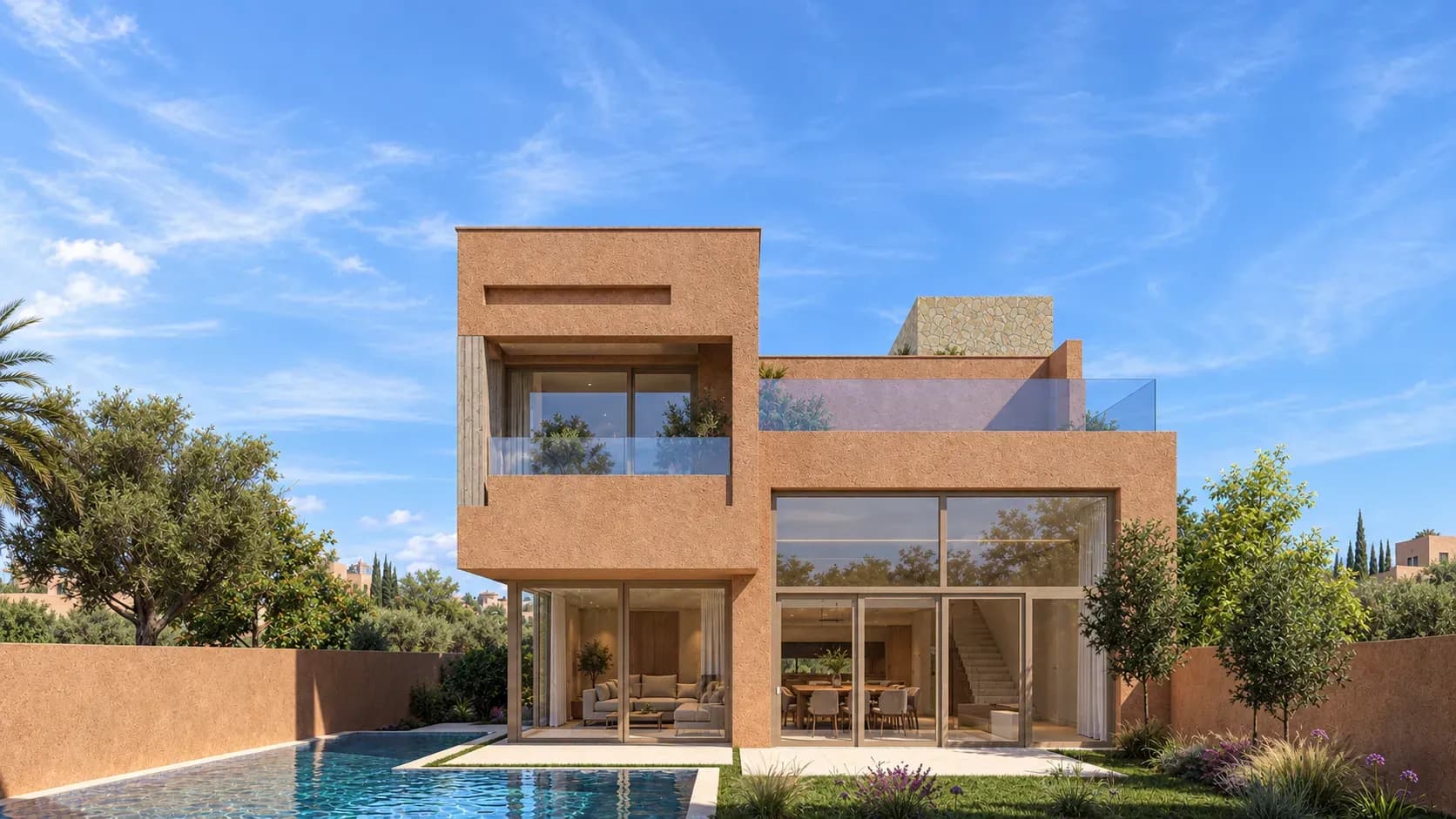 Villa A.A, perspective 3D de la façade arrière et de la piscine