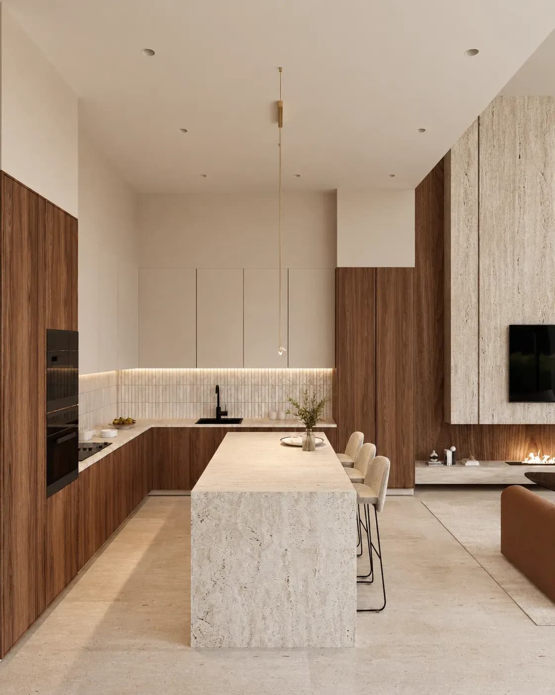 Villa AOH, perspective 3D de la cuisine avec îlot