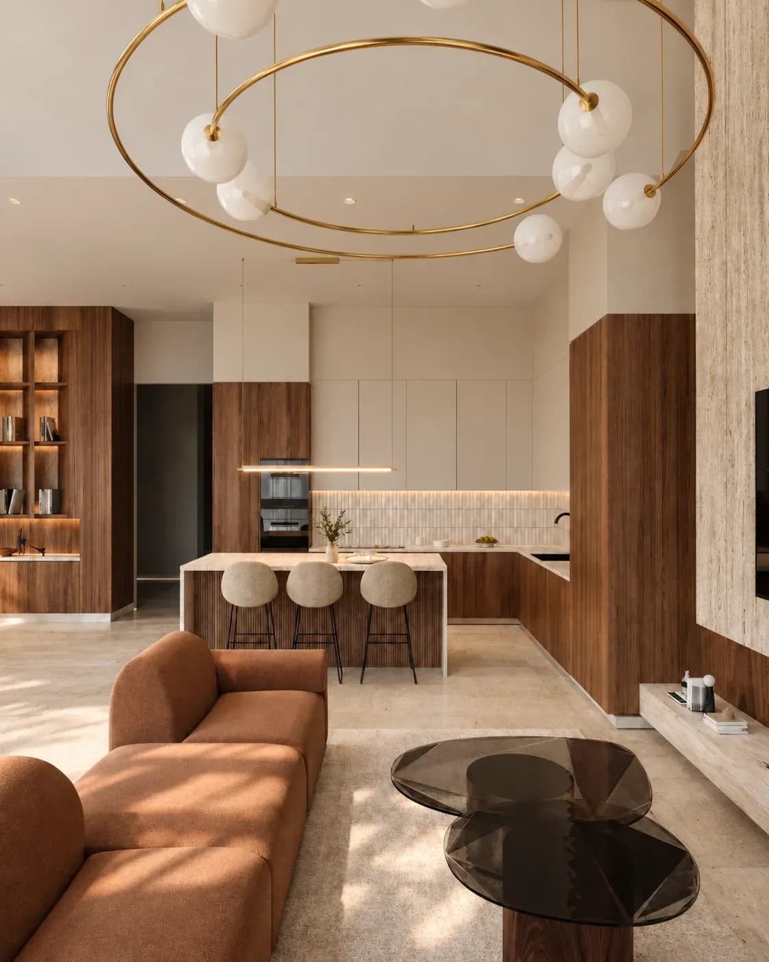 Villa AOH, perspective 3D de la cuisine vue depuis le salon