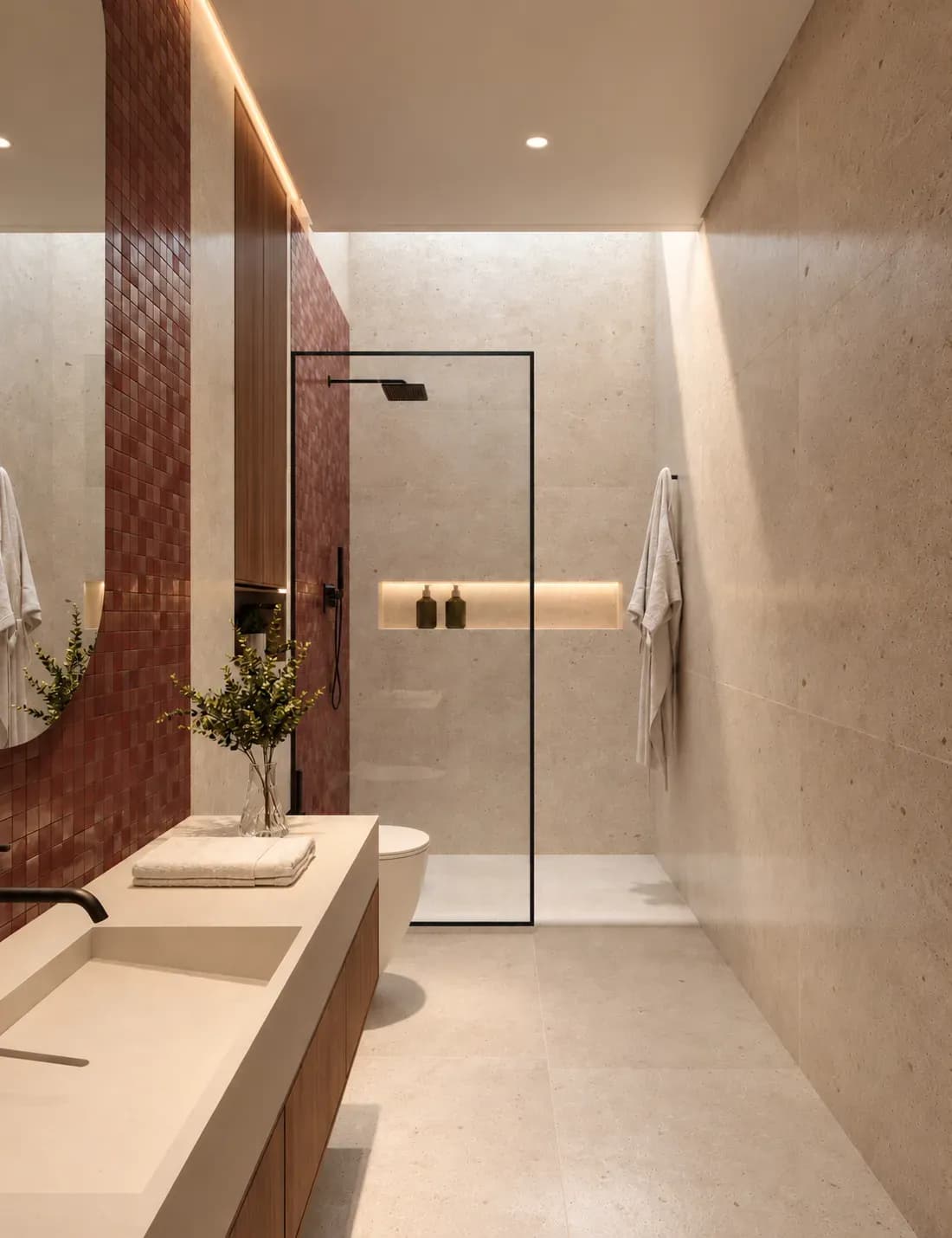 Villa AOH, perspective 3D de la salle de bains avec douche à l'italienne
