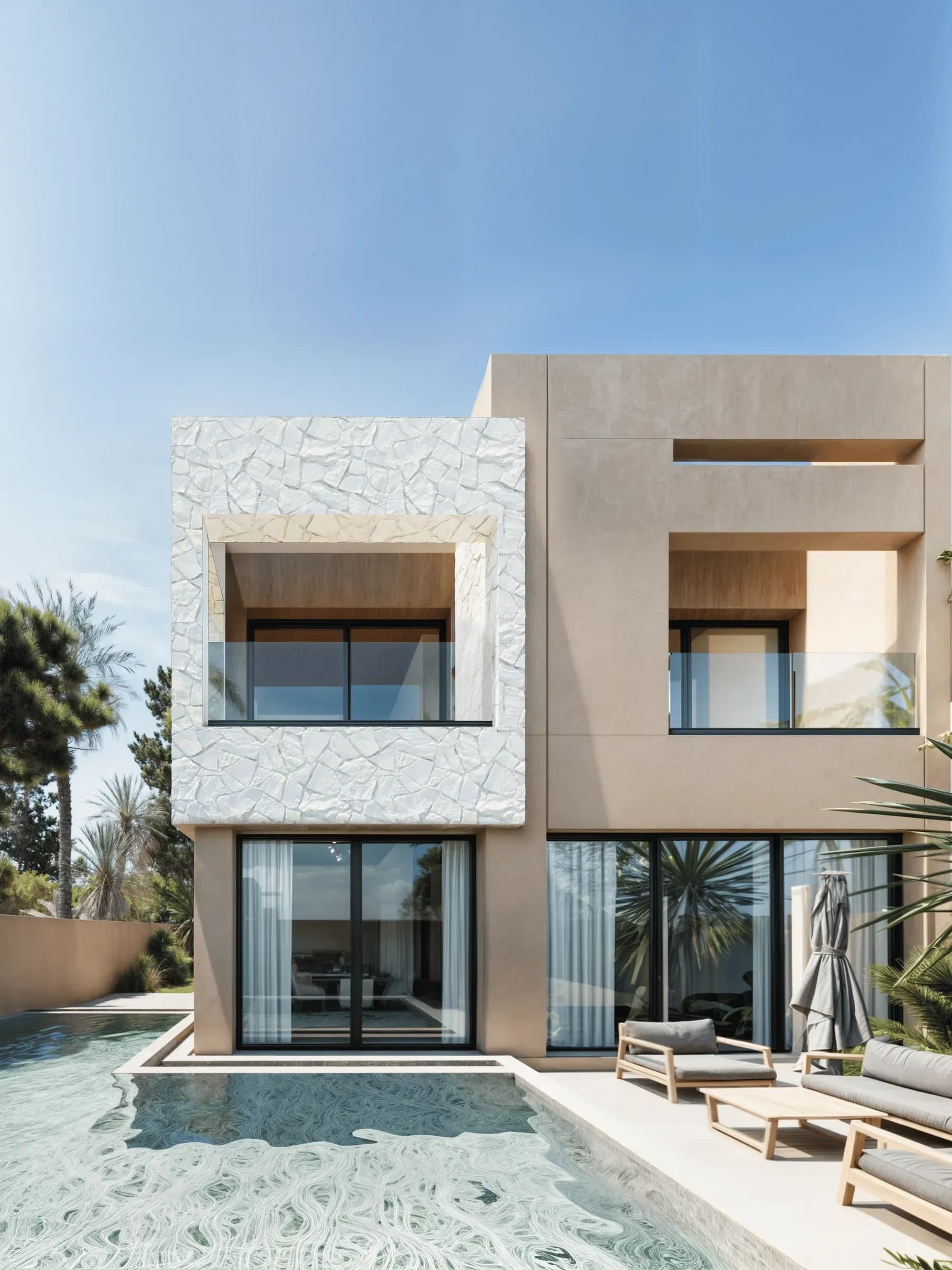 Villa LDSL, perspective 3D des loggias encadrées de pierre et garde-corps vitrés