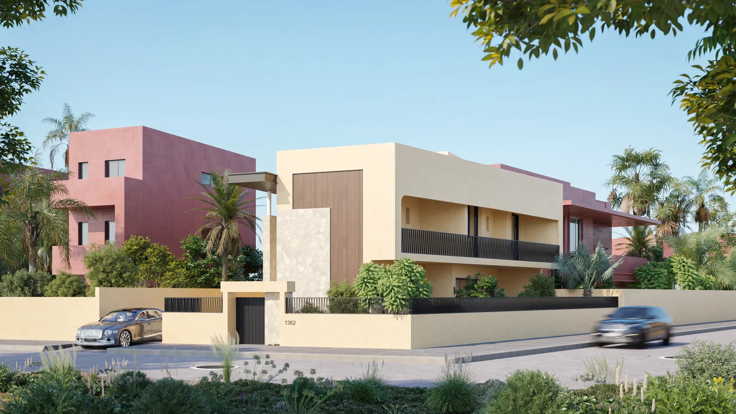 Villa Corner, perspective 3D de la façade et du mur de clôture