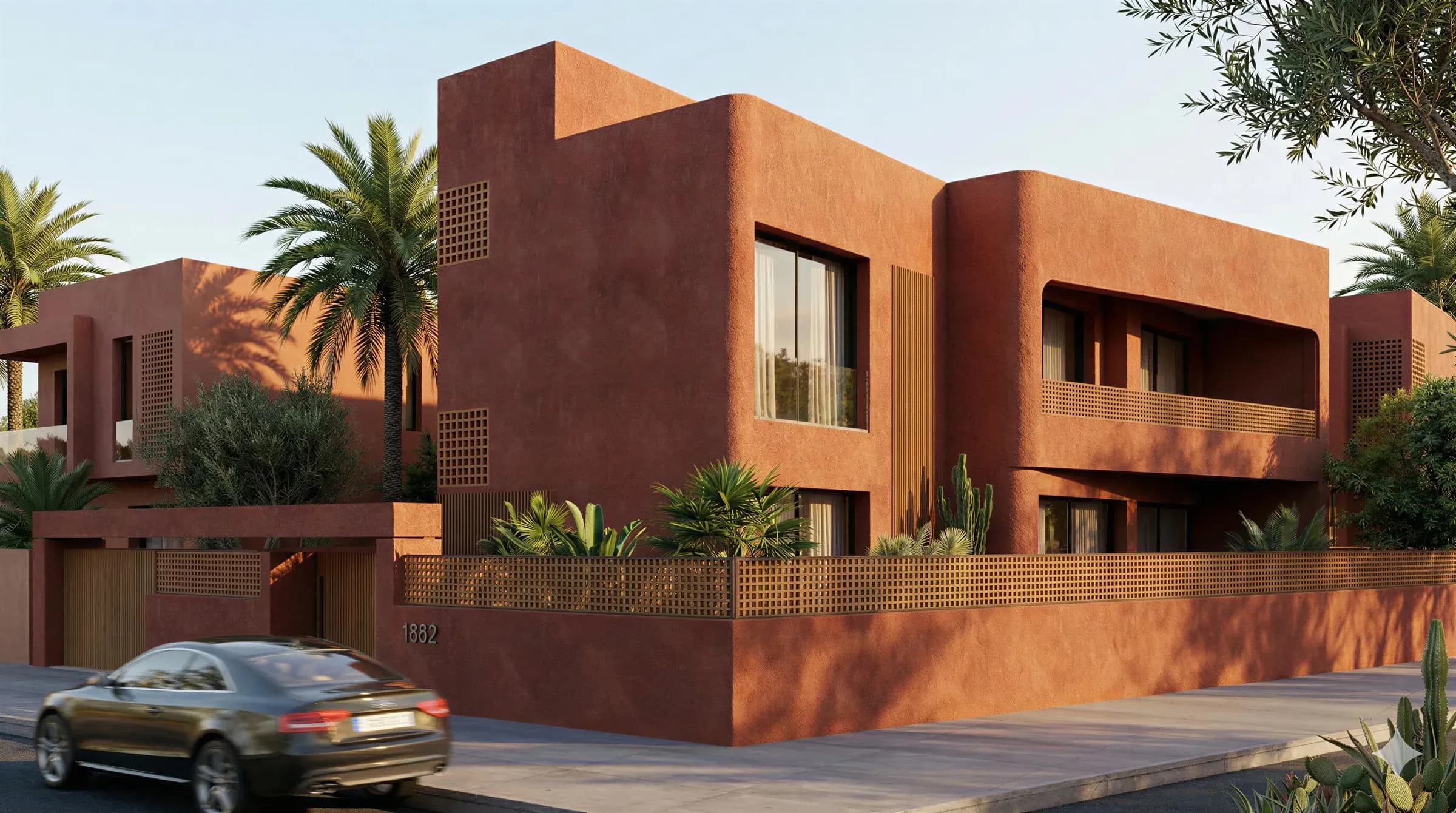 Villa Corner, perspective 3D de la façade en enduit ocre rouge