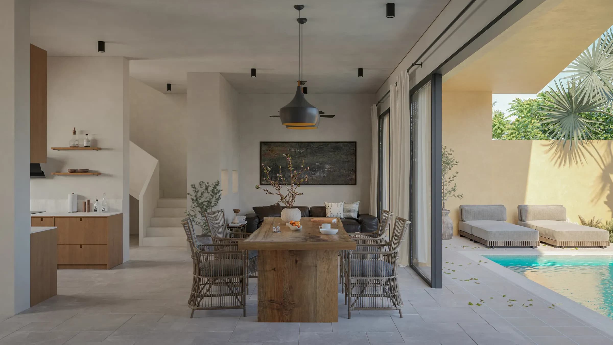 Villa Corner, perspective 3D du séjour et de la salle à manger ouverts sur la cour