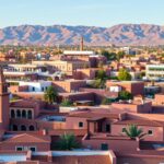 Panorama architectural de Marrakech montrant le contraste entre bâtiments traditionnels et modernes