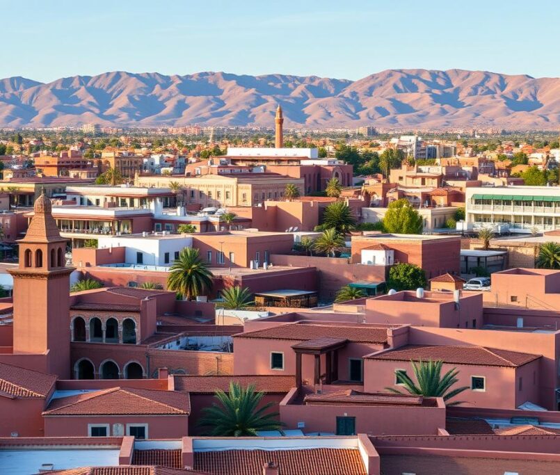 Panorama architectural de Marrakech montrant le contraste entre bâtiments traditionnels et modernes