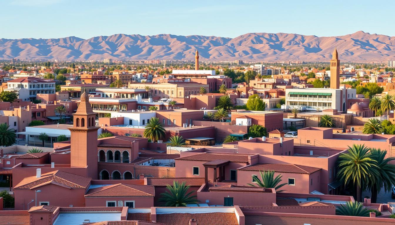 Panorama architectural de Marrakech montrant le contraste entre bâtiments traditionnels et modernes