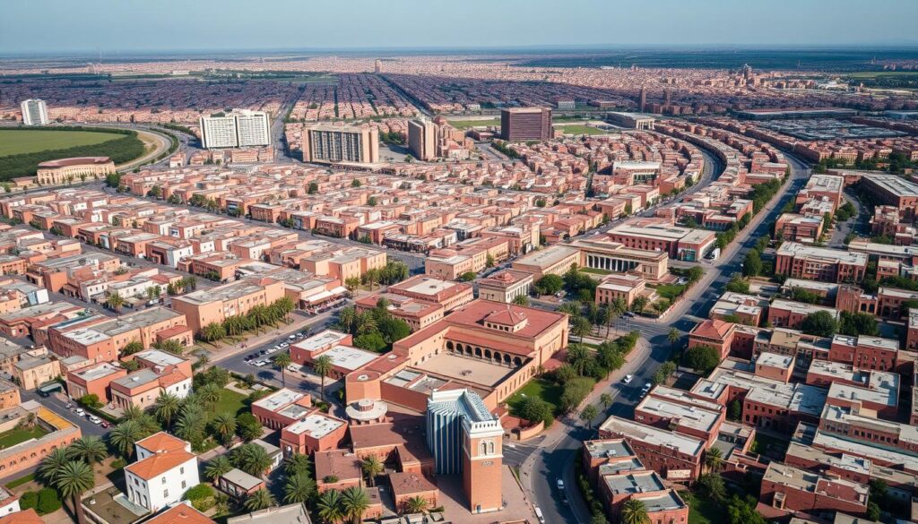 Vue aérienne du développement urbain de Marrakech montrant l'expansion de la ville Vue aérienne du développement urbain de Marrakech montrant l'expansion de la ville